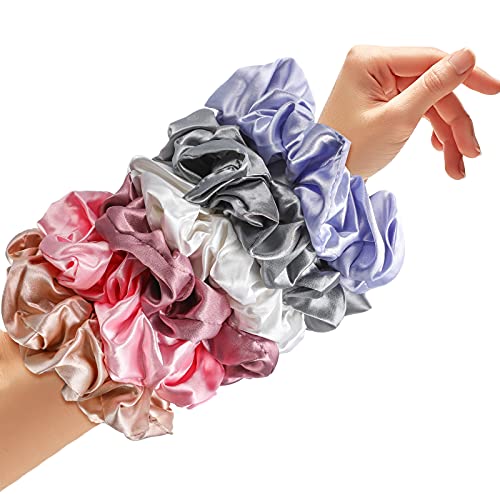 Image of Chuangdi 6 Pieces Big Satin Scrunchies for Women, Jumbo Silk Scrunchies Thick Elastic Jumbo Hair Tie Galentine Valentine's Day Gifts(Champagne, White, Silver Grey, Light Pink, Bean Red, Light Blue)