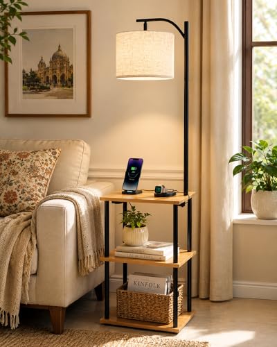 Image of Homesake Modern Floor Lamp with Wooden Shelves & Charging Station | Bedside Lamp with USB Port, Power Outlet | Corner Light, Space-Saving Side Table Lamp for Living Room & Bedroom (Beige, Off-White)