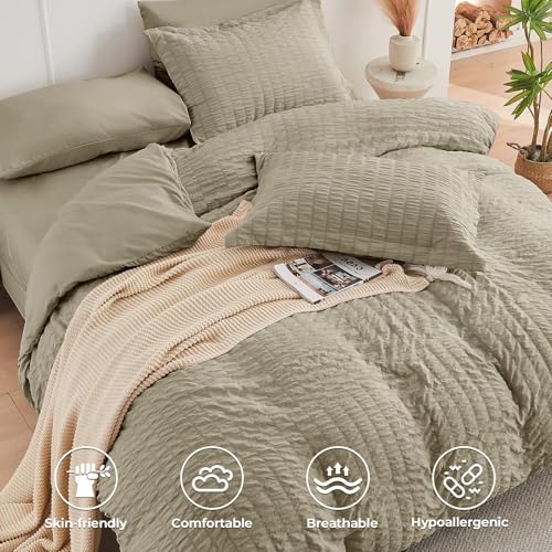 Image of HYMOKEGE Linen King Size Comforter Set Seersucker 7 Pieces, All Season Luxury Bed in a Bag for Bedroom, Bedding Set with Comforter, Sheets, Pillowcases & Shams
