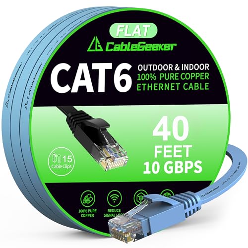 Cat 6 Ethernet Cable 40 ft, Indoor&Outdoor, High Speed 10Gbps Flat Internet Network Cable, Pure Copper Ethernet Patch Cable Long, Computer LAN Cable with Clips & Straps for Router, Modem, PS4/5, Blue