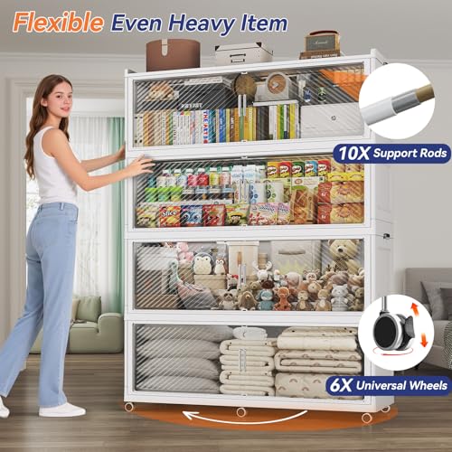 Image of 150 Gallon Extra Large Collapsible Storage Bin with Lid, 960QT Stackable Plastic Organizer with 6x Wheels, Foldable Drawer Cabinet for Closet, Living Room Office, Kitchen 3Pack, White