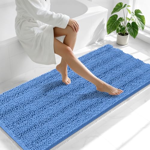 Image of Smiry Thick Chenille Bathroom Runner Rugs 59x24, Absorbent Striped Bath Mat, Machine Washable, Rubber Backing, Extra Long Bath Rugs for Tub & Shower, Modern Home Decor Accessories, Cornflower Blue