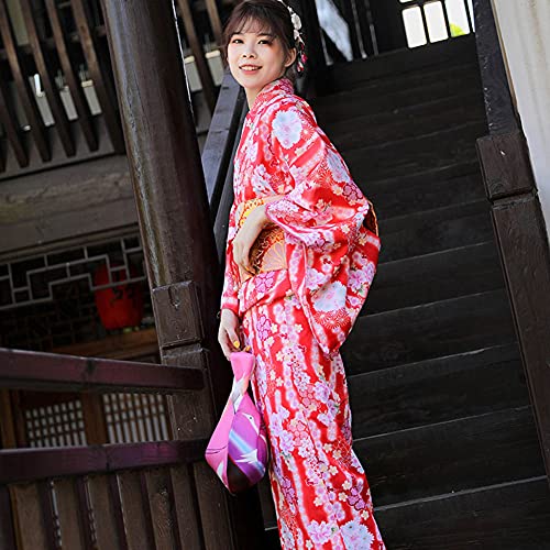 HFU Women\'s Vintage Japanese Kimono Traditional Red Komon Flower Kimono with Obi Belt Hanabi Festival Formal Wear (126# Red), Large