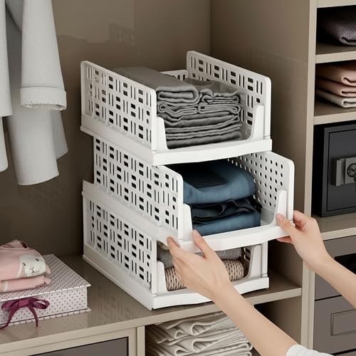Image of Plantex 3-Tier Organizer for Wardrobe Cupboard for Clothes Foldable /Stackable Closet /Multi-Purpose Drawer Organizer (Plastic, White)