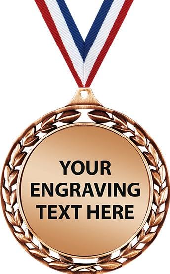 Crown Awards Personalized 2.5" Bronze Laurel Wreath Front Engraving Medal with Free Neck Ribbon