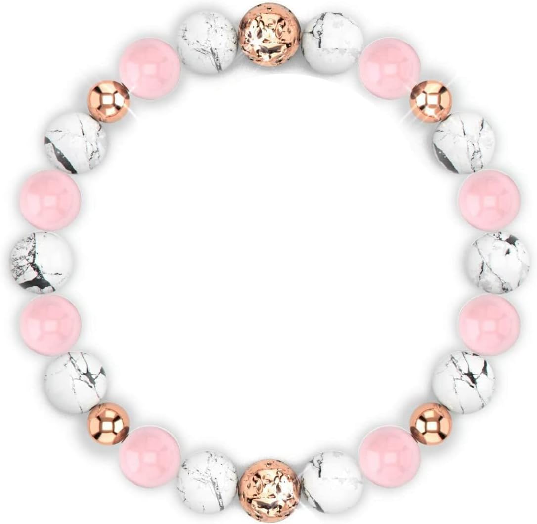 Anti Anxiety Bracelet, Pink Crystal + White Pine + Gold Spacer Beads Natural Stone Healing Stress Relief Handmade Bracelets Calming Bracelets Spiritual Bracelet for Women Good Sleep 7 inch