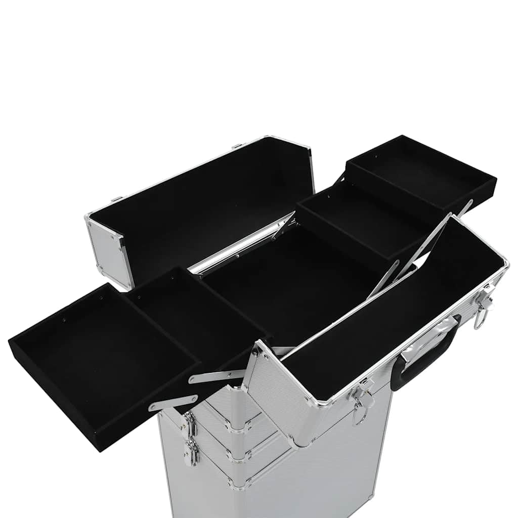 Kosmetikkoffer mit Rollen, Reise-Beauty-Case mit ausziehbaren Ablagen, Frisierkoffer Aluminium, 37 x 22 x 78 cm, Silber