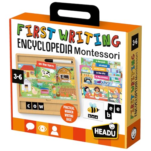 Headu First Montessori Writing Encyclopedia - Ages 3-6 - Reusable Wooden Letter Tracing Board, Learning to Write, Learn to Write for Kids Age 3, Montessori Letter Tracing, Toddler Writing Practice