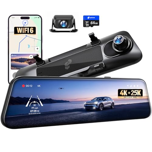Image of Pelsee S12 Telephoto Version Native 4K + 2.5K Mirror Dash Cam, Rear View Mirror Camera w / 8MP Sensor, Color Night Vision, WiFi 6 30MB /s Download, GPS, 64GB Card, Backup Camera for SUVs Trucks Vans RVS