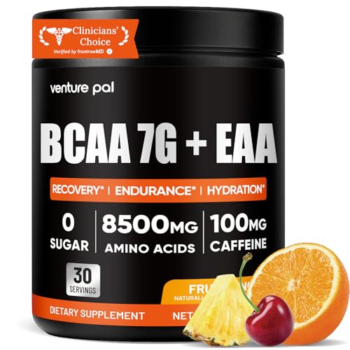 Venture Pal Sugar Free 7g BCAA + EAA Powder | Supports Muscle Recovery Growth Strength & Endurance 9 Essential Amino Acids with L-Glutamine Caffeine Vitamin & Electrolyte for Energy & Hydration
