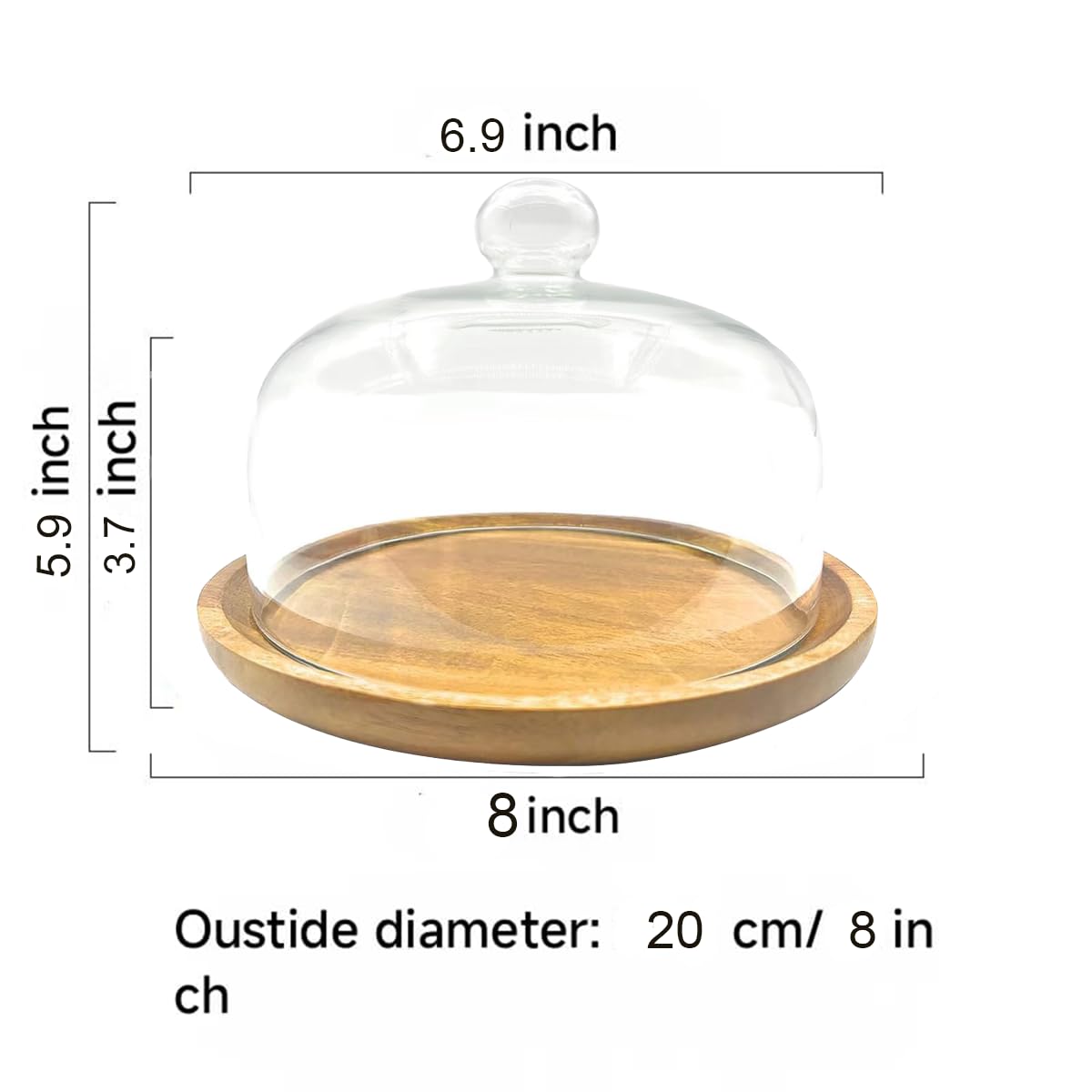 8 Inch Wooden Base Cake Display Stand with Glass Dome,Cloche Clear Glass Bell Jar Cover for Dessert Cheese Candy Plants Succulents - Image 3