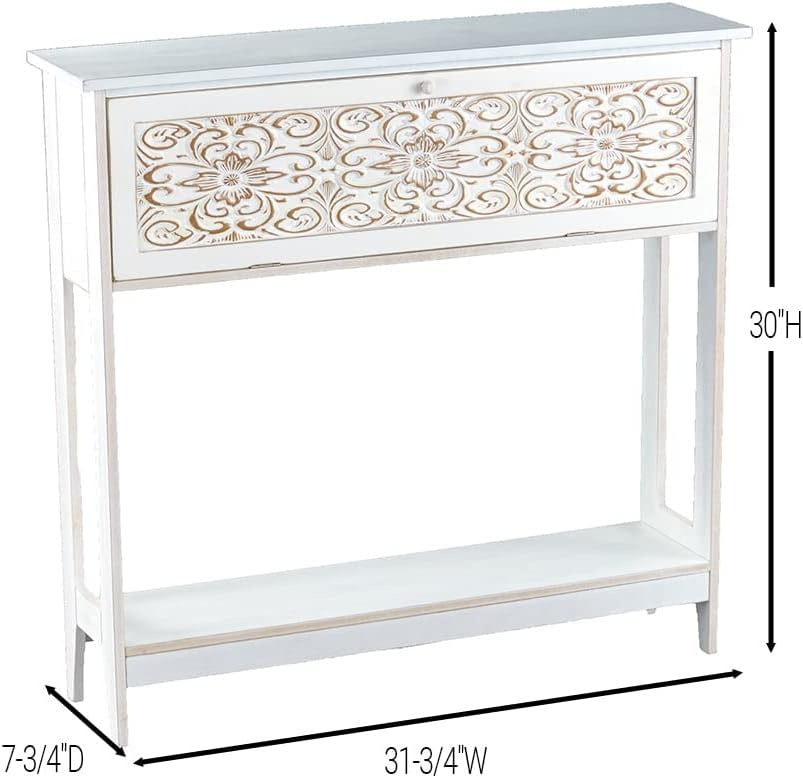 Miniatura 3 de Mesa consola tallada - Mesa de entrada antigua delgada con cajón de almacenamiento - Blanco