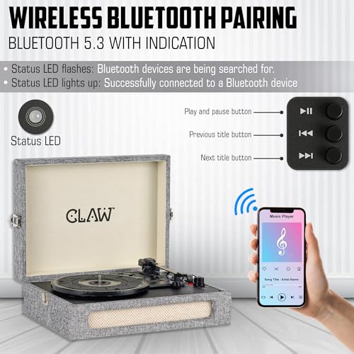 Image of Claw Stag Retro Vinyl Record Player with Bluetooth 5.3, 10W Stereo Speakers, 33 /45 /78 RPM, USB Recording, AUX-in, RCA Out, Headphone Jack, Volume Knob & Playback Buttons | Grey