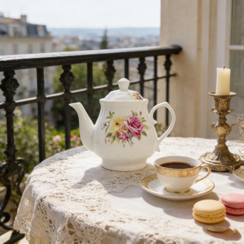 Image of European Style Porcelain Teapot 400ml, Small Chinese White Teapot with Flowers Coffee Tea Water Pot Vintage Ceramic Litter Kettle (14oz)