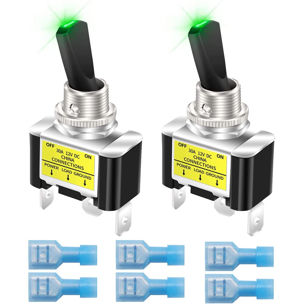 Gebildet 2Pcs Rocker Lighted Toggle Switch 12V 30A Heavy Duty Racing Car Automotive Auto SPST ON/Off Toggle Switch LED Illuminated 12mm Size (Green)