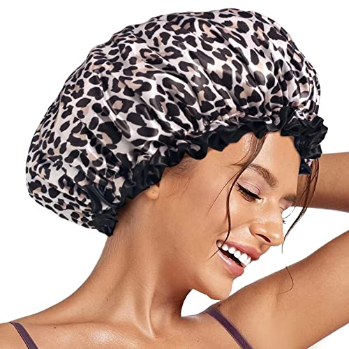 Aquior Large Shower Cap, Shower Cap for Women, Reusable, Waterproof, Bath Cap for All Hair Lengths, for Ladies, Gentlemen, and Children (Leopard)