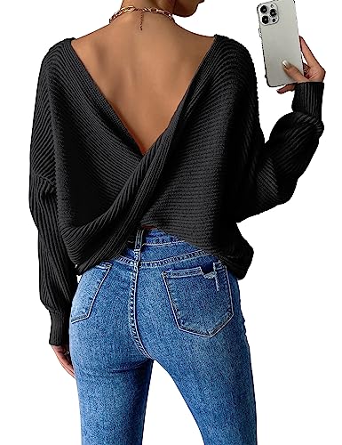Labolliy Women Twist Back Backless Drop Shoulder Long Sleeve Pullover Rib Knit Sweater Tops