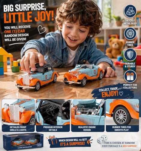 Image of 1:36 Scale Vintage Die-Cast Classic Car Model Toy | Pull Back Sports Car Toy with Openable Doors | Premium Alloy Vehicle Toy for Kids & Collectors | Racing Edition | Design as Per Stock