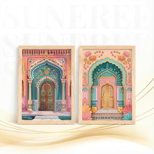 Image of Suneree Rajasthani Haveli Door Wall Art Painting | Set of 2 Framed Paintings | Colorful Indian Architecture Decor for Living Room Bedroom Home | (ART 2, 10x13 INCHES)