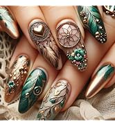 Green Feather Press on Nail Gold Love Heart False Nail Ballerina Flower Fake Nails Glossy Long Al...