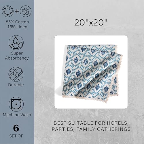 Image of FINGERCRAFT Printed Cloth Napkins Cotton Linen Blend Fabric Set of 6 with Classic Lace 20x20 Inch Dinner Napkin Durable and Good Absorbency for Home, Hotels, Parties (Moroccan Beauty)
