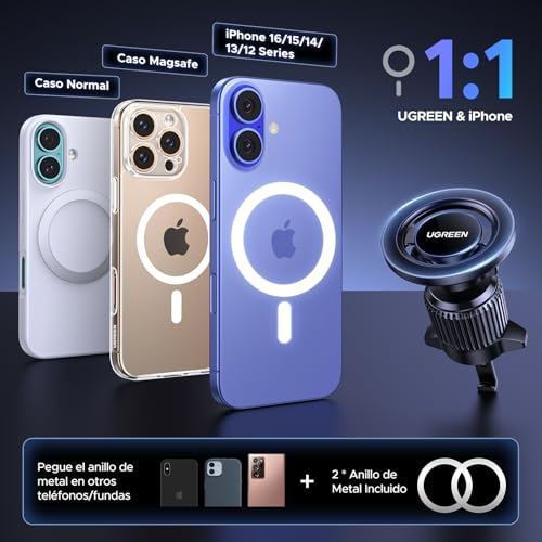 Miniatura 6 de UGREEN Soporte Móvil Coche MagSafe 360° Rotación Suporte Telemovel Carro Magnético Gancho Metálico para Rejilla del Aire Compatible con iPhone 17 Pro MAX Air 16 15 14 Galaxy S25 S24, Negro