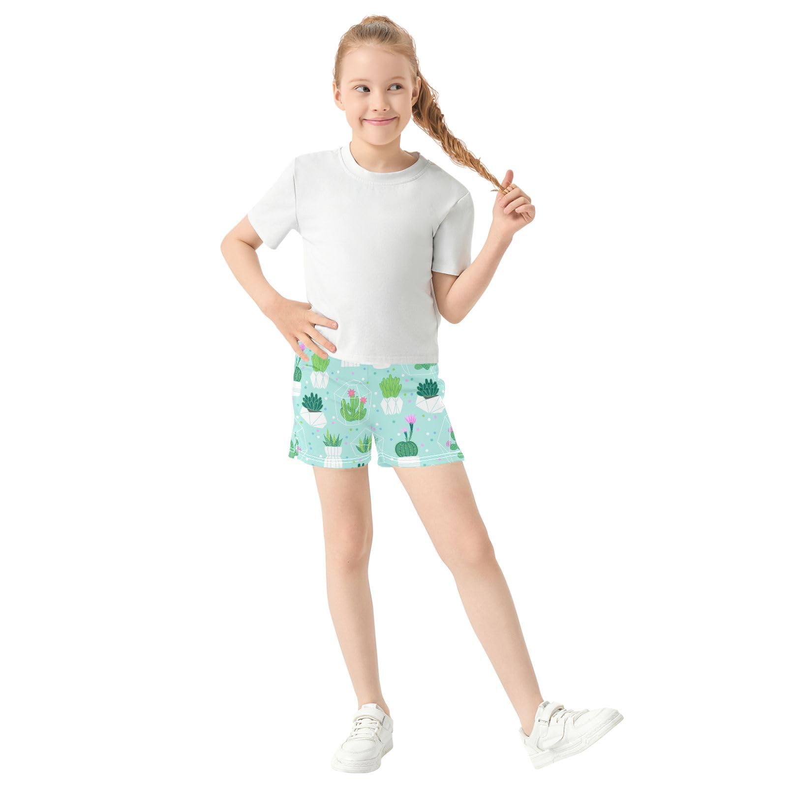 pnyoin Girl's Shorts Cute Succulent Cactus Athletic Running Shorts with Pockets Size 14-15t Multi