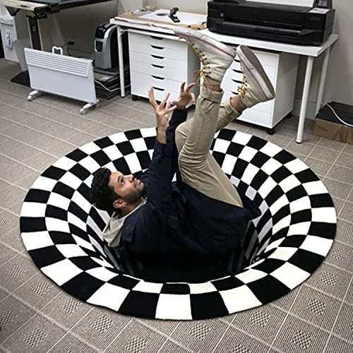 3D Vortex Illusion Rug, 2022 New Black White Plaid Round Rugs 3D Visual Optical Floor Mat, Abstract Geometric Non-Slip Optical Illusion Rug For Living Dinning Room Bedroom Kitchen (24X24In, Mdkj-2) #TOP4