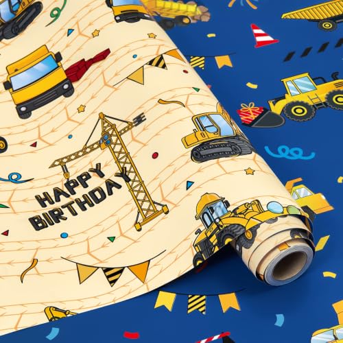 WERNNSAI Construction Wrapping Paper Roll - 1 Roll 17 x 33 ft Construction Gift Wrapping Paper for Kids Boys Birthday Wrapping Paper Tractor Truck Party Wrap Supply Reversible Yellow & Blue