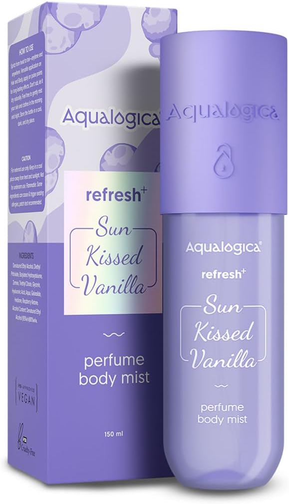 Aqualogica Refresh+ Sun Kissed Vanilla Perfume Body Mist | Vanilla, Hyaluronic Acid & Zemea | Long Lasting Sweet Vanilla Fragrance, Lightweight, Non-Sticky & Hydrating, Unisex Hair & Body Mist, 150ml