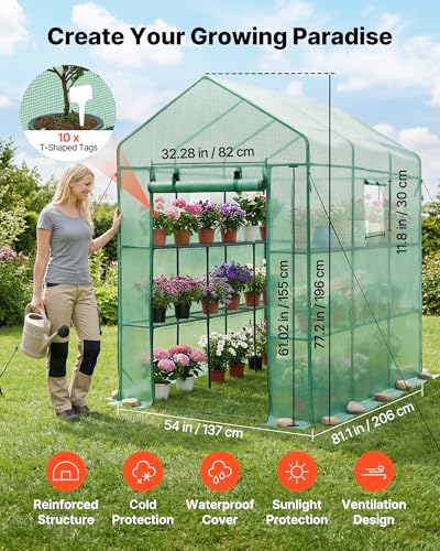 Image of VEVOR Walk-in Greenhouse, 54 inch x 81.1 inch x 77.2 inch Greenhouse for Outdoors with Windows, PE Cover, 2 Tiers 14 Shelves, Roll-Up Zipper Door, Walk in Green House, Portable Plant Garden Hot House for Backyard