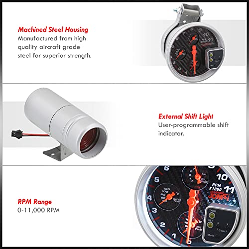 Ajp Distributors Universal Jdm Sport 5" Carbon Fiber Face 4-In-1 Tachometer 11K Rpm Tach Gauge W/Oil/Water Temperature Pressure + External Red Led Shift Light Replacement Upgrade #TOP1