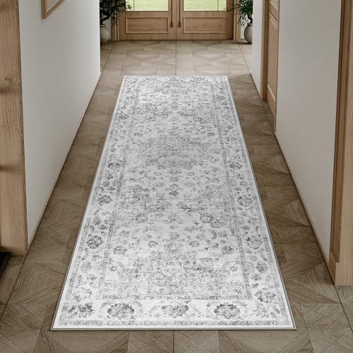 HUGEAR Vintage Grau Waschbarer Läufer Teppich Flur 60x240cm Bettvorleger Küchen Wohnzimmer Schlafzimmer Teppiche rutschfest Kurzflor Weich Flurläufer Teppichläufer Vintage Grau 60 x 240 cm (