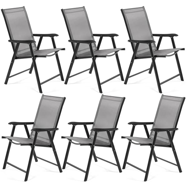 Yaheetech Conjunto de 6 Sillas Plegables para Exterior con Reposabrazos Sillas para Balcones Jardín Terraza Metal Texteline Carga 150kg 65 x 93,5 x 55,5cm Muebles de Exterior Gris
