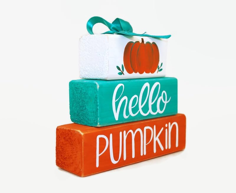 Miniatura 2 de Pumpkin Hello Autumn WoodenBlock Shelf Sitter Stack Fall Tiered Tray Office Mantel Desktop Gift Sign