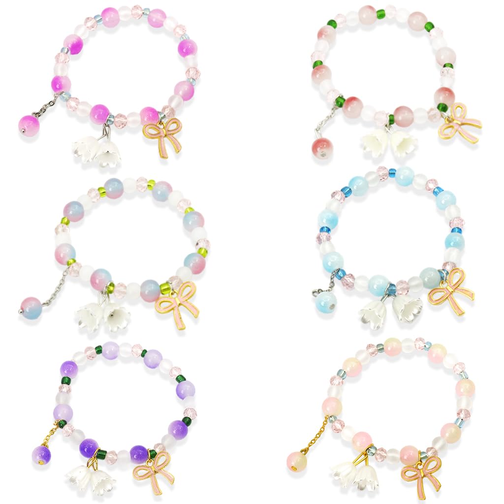SANNIDHI6pcs Bracelet for Girls Stylish, BFF Crystal Beads Bracelet for Kids, Orchid Flower Charm Bracelets for Women, Aesthetic Bowknot Pendant Glass Bead Bracelets Gift for Girls