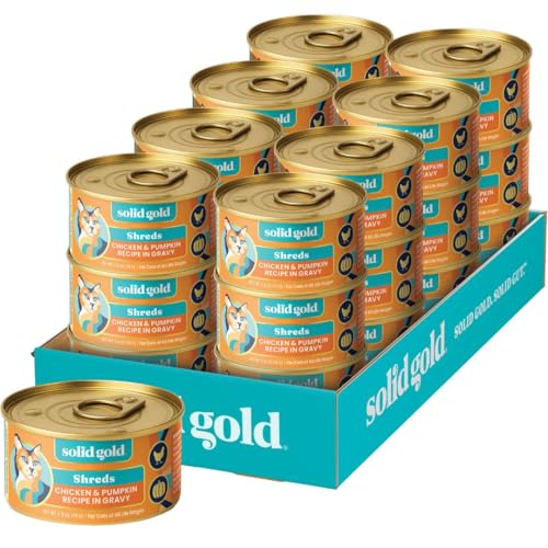 Image of Solid Gold Wet Cat Food Shreds in Gravy - Healthy Canned Cat Food Made w /Real Chicken & Pumpkin Shreds, Vitamins & Minerals - Grain Free & Gluten Free Canned Meals for Cats & Kittens - 24ct /3oz Can
