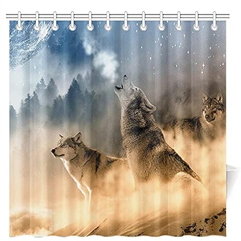 CTIGERS Wolf Shower Curtain Wild Animal Bathroom Wolves Howling Under The Moon Polyester Fabric 72 x 72 Inch Cover