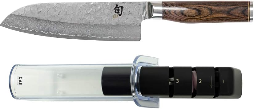 Shun Premier 7-Inch Santoku Knife and Kai Retractable Knife Sharpener Set