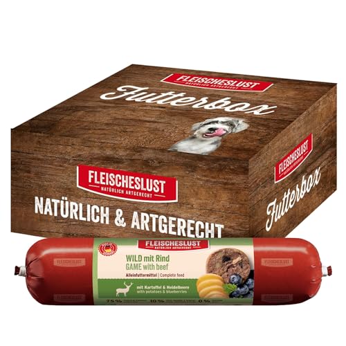 Fleischeslust Hundewurst | Wild & Rind mit Kartoffel & Heidelbeere | Futterbox (8x400g) | Nassfutter | schnittfest | getreidefrei | Alleinfuttermittel für ausgewachsene Hunde
