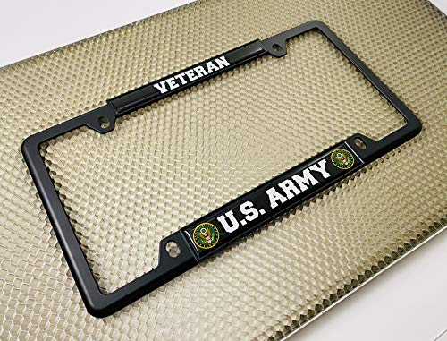 [Officially Licensed Product] - U.s. Army Veteran - Domed Custom-Made Personalized Narrow (Thin) Top 4 Hole Metal Car License Plate Frame With Free Caps - Black (Quantity: 1 Frame) #TOP2