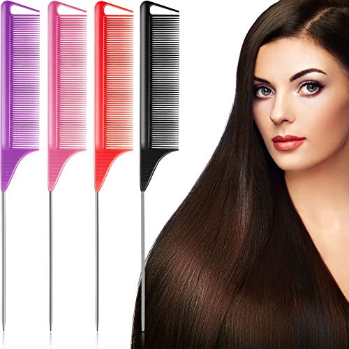 4 Pieces Colorful Rat Tail Pin Combs Braids Parting Combs Anti-Static Hair Combs Set, Fine Tooth Comb Hair Cutting Teasing Combs, Heat Resistant Hairdressing Comb (Black, Purple, Red, Pink)