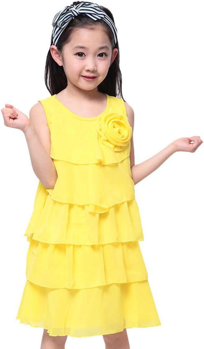 Theplus Girls Summer Style Sleeveless Multi Layer A-line Dress 7 Yellow