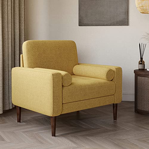 Belleze Mid Century Modern Accent Chair, Upholstered Oversized Living Room Chair Armchair Comfy Linen Reading Chair For Adults Sofa Chair For Bedroom Office - Erik (Yellow) #TOP4