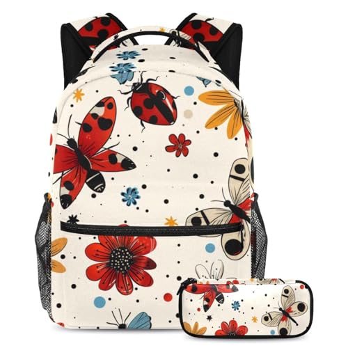 Sac à dos grande capacité avec trousse à crayons cartable imprimé coccinelle ados voyage