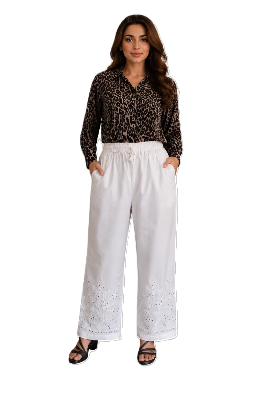 Women's White Cotton Wide Leg Pant with Floral Embroidery, Elastic Waist with Drawstring, Side Pockets-picture-42