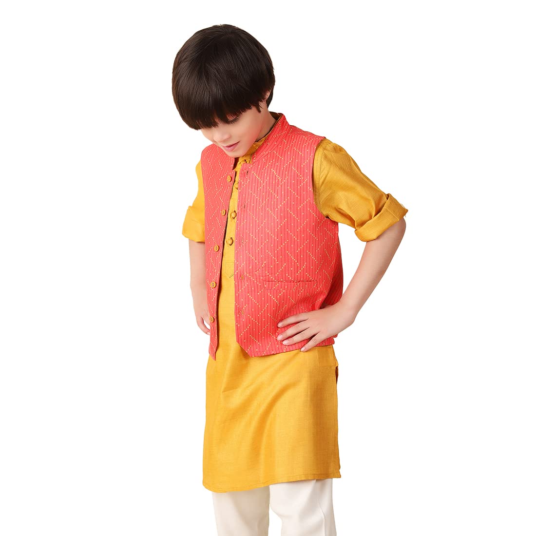 Fabindia Boy's Orange Viscose Silk Printed Jacket (1028667CORAL_Coral 2