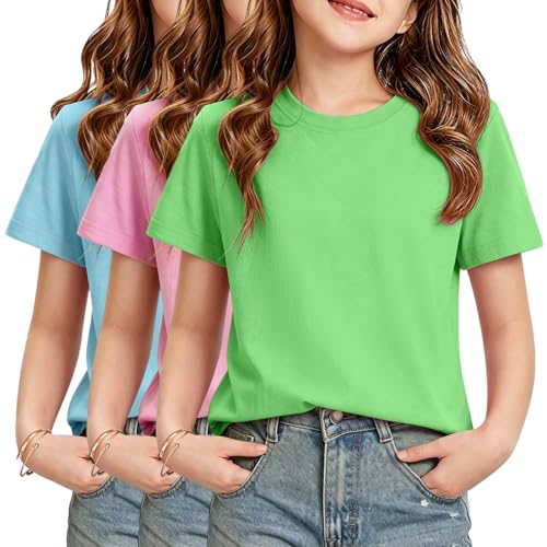 HOTIAN 3er/Pack Mädchen T-Shirts Sommer Rundhals Baumwolle Kurzarm Tops Einfarbige Casual Sport Kurzarm Oberteil Tees