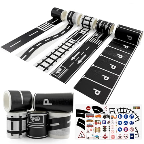 12 Stück Straße Washi Tape, 4 Rollen Straße Autobahn Eisenbahn Straßen Klebeband(5cmx5m),1 Rollen Parkklebeband (7.5cmx3m)und 5 Verkehrszeichen Aufkleber,Autobahn Selbstklebend Straßenband Tape