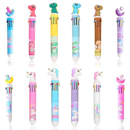BieFuSin 12 Pcs Stylo Kawaii Bille, Stylos à Bille Rétractables 10 en 1 Multicolores De 0.5mm, Stylos à Bille Multicolore pour Bureau et Fournitures Scolaires (Dinosaure + Licorne + Lune) Cover